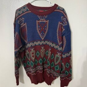 Vintage Geometric Crewneck Sweater - Blue, Red, Green